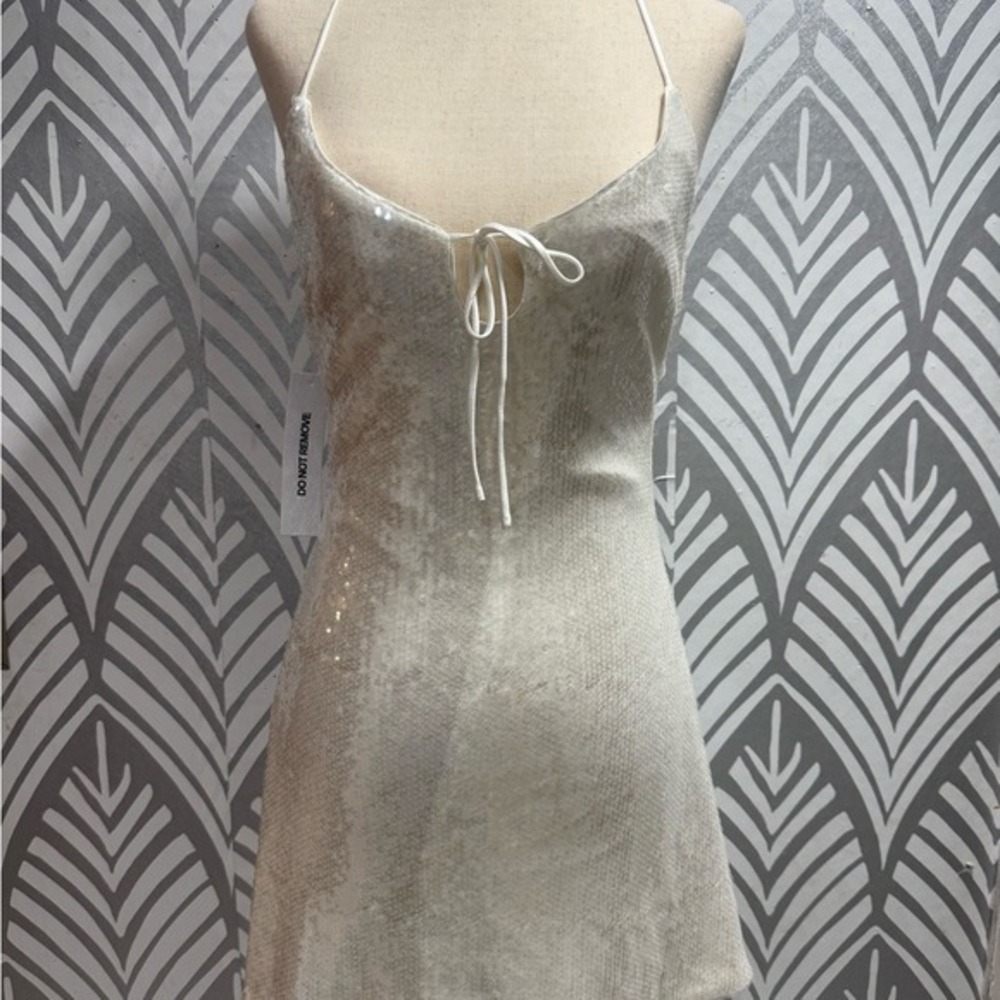 Princess Polly White Sequin Halter Mini Dress Open Back Front Tie US 4 - Picture 3 of 8